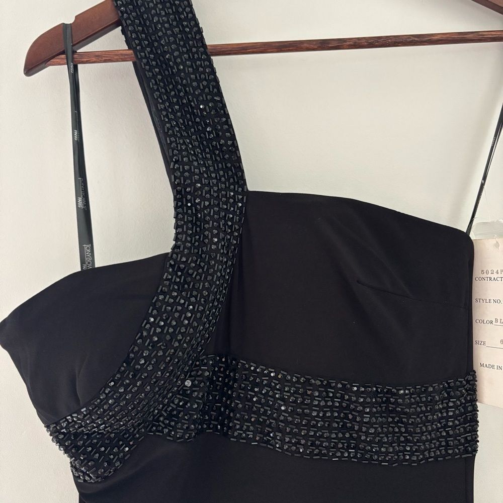 Tony Bowls Paris One Shoulder Beaded Black Gown Formal Prom Old Hollywood Glam - Picture 4 of 8